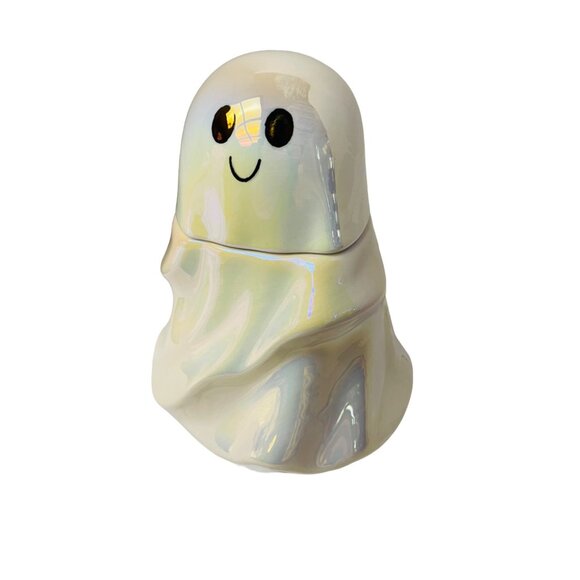 Cute Iridescent Ghost Jar With Lid  7.5" Tall - Picture 1 of 9